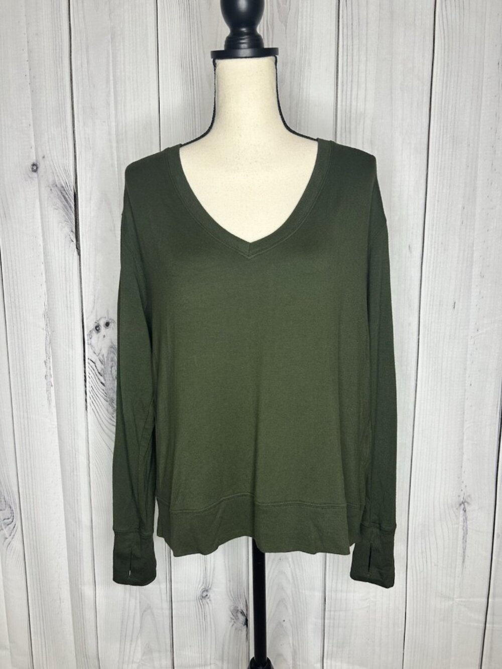 Athleta Coaster Luxe V-Neck Sweatshirt Sz L Dark Olive Green Thumbholes